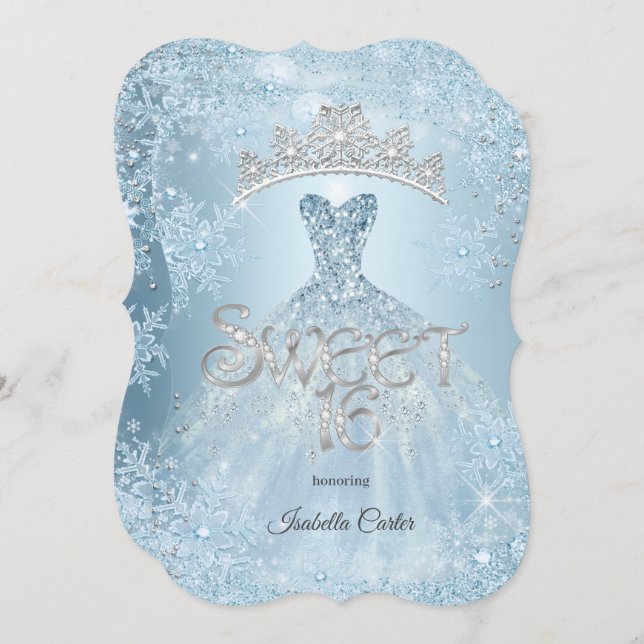 Invitation Sweet 16 fête d'anniversaire Icy Blue Snowflake hi (Devant / Derrière)