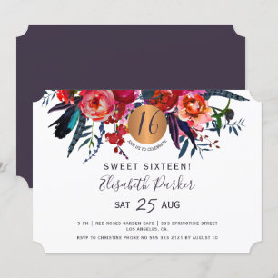 Invitation Sweet 16 fête d'anniversaire moderne florale aquar