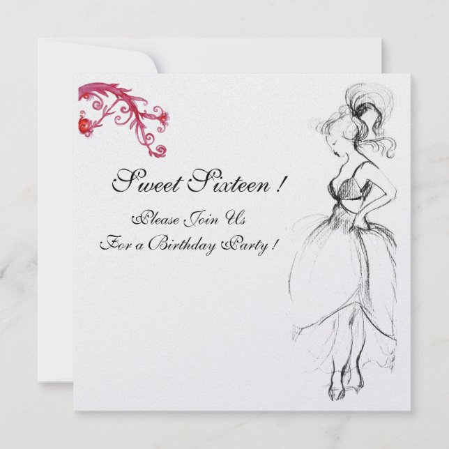 Invitation SWEET 16 FÊTE D'ANNIVERSAIRE Rouges Black White (Devant)