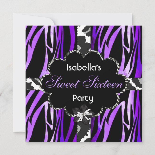 Invitation Sweet 16 fête d'anniversaire violet noir blanc Zèb (Devant)