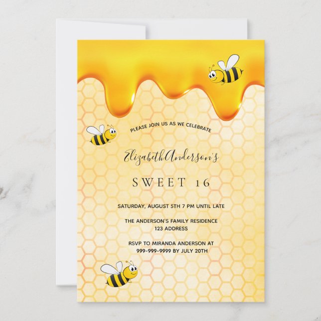Invitation Sweet 16 fête nid d'abeilles doux bourdons (Devant)