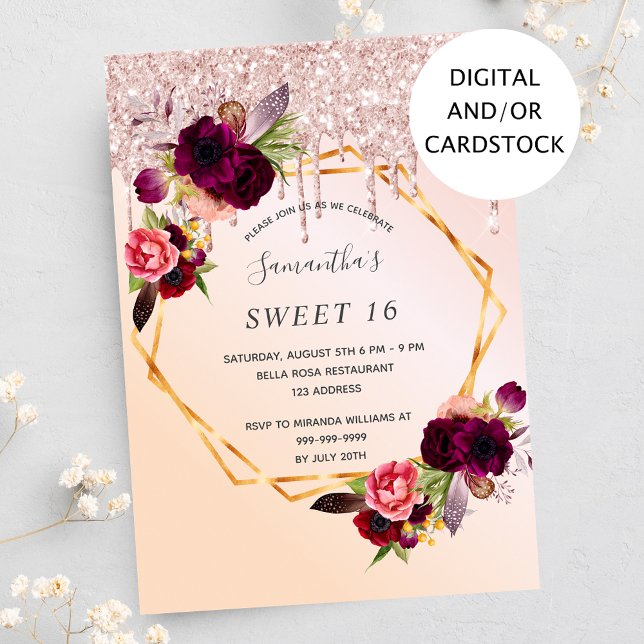 Invitation Sweet 16 fêtes florales bordeaux rose parties scin (Créateur téléchargé)
