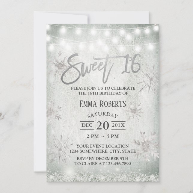 Invitation Sweet 16 fêtes Rustique Snowflakes d'hiver (Devant)
