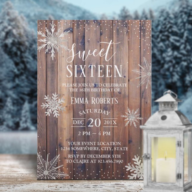 Invitation Sweet 16 fêtes Rustique Snowflakes hiver Grange Bo (Créateur téléchargé)