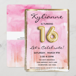Invitation Sweet 16 fille Anniversaire rose et or 16e