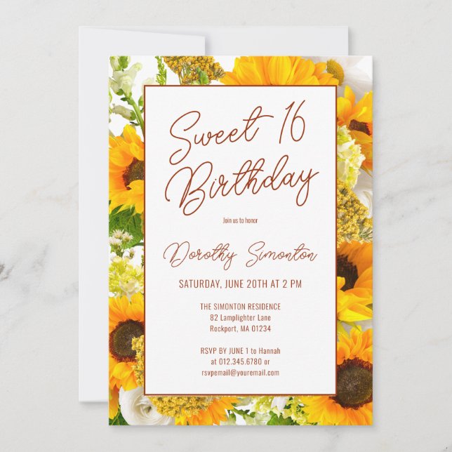 Invitation Sweet 16 Floral de tournesol moderne (Devant)