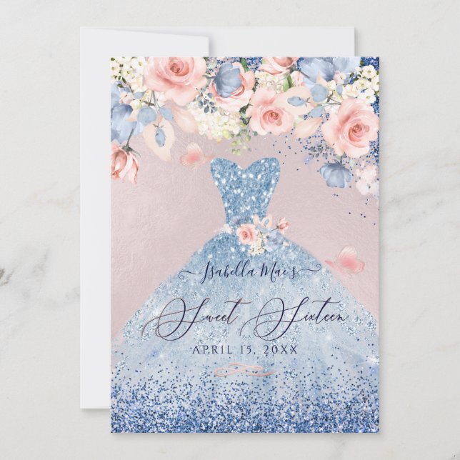 Invitation Sweet 16 Floral Dusty Blue Parties scintillant Gow (Devant)