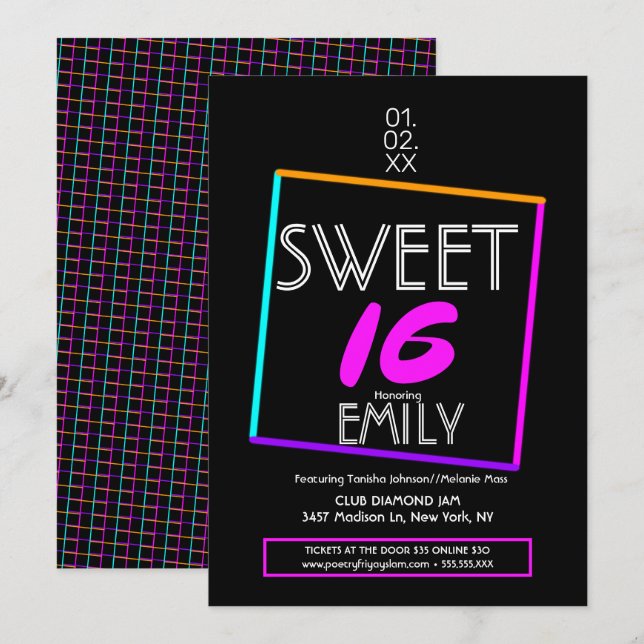 Invitation Sweet 16 Flyer Club Thème Neon géométrique (Devant / Derrière)
