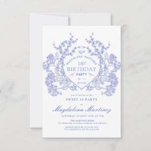 Invitation Sweet 16 Français Vintage Bleu Floral Crest