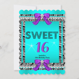 Invitation Sweet 16 Fun Party Zebra Turquoise bleu pourpre Bo