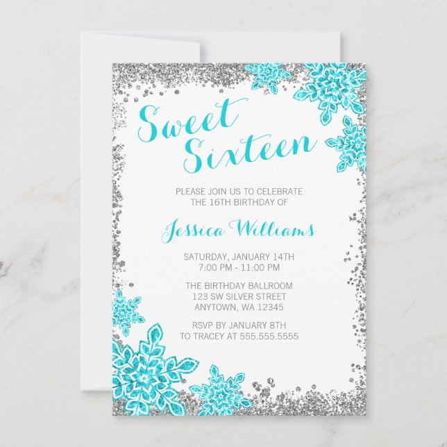 Invitation Sweet 16 Glam Winter Wonderland Silver Aqua (Devant)