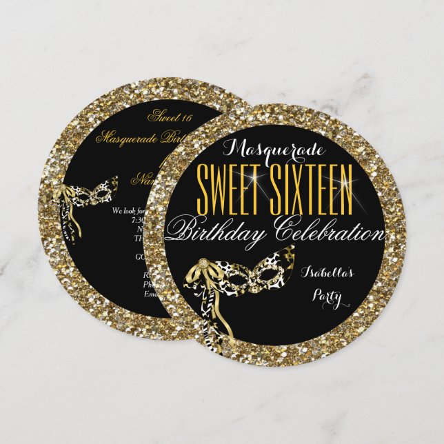 Invitation Sweet 16 Gold Parties scintillant Masquerade Anniv (Devant / Derrière)