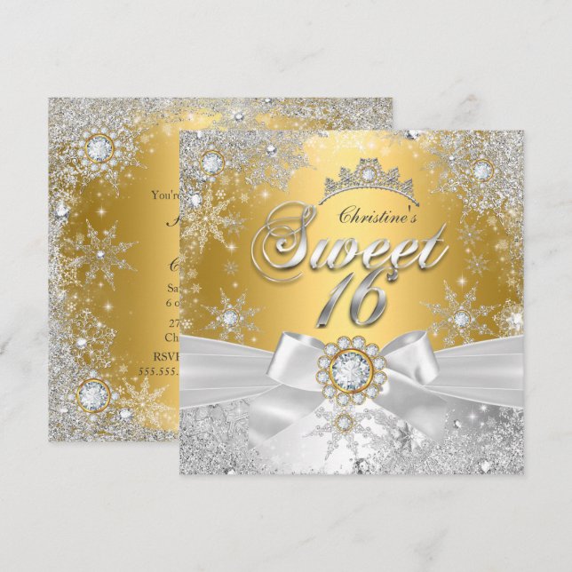 Invitation Sweet 16 Gold Silver Princess Winter Wonderland (Devant / Derrière)
