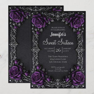 Invitation Sweet 16 gothique floral pourpre