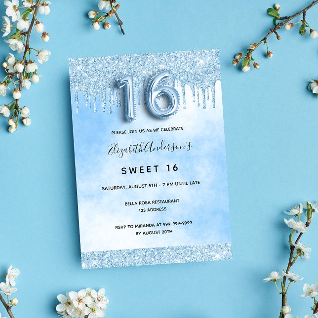 Invitation Sweet 16 gouttes de parties scintillant bleu clair (Créateur téléchargé)