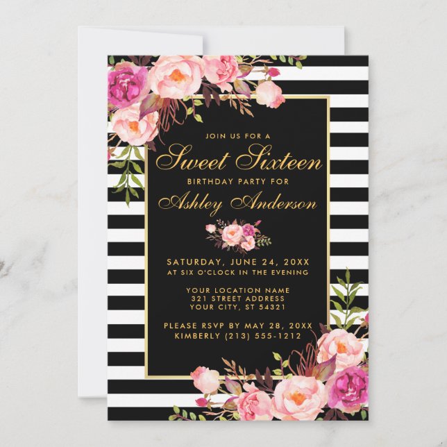 Invitation Sweet 16 Gratté Rose Floral Or (Devant)