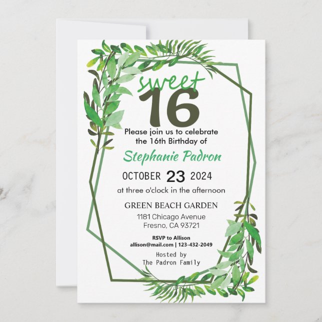 Invitation Sweet 16 Greenery Géométrique Moderne 16e annivers (Devant)
