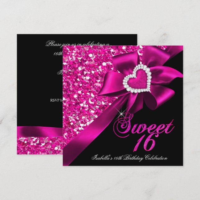 Invitation Sweet 16 Hot rose Coeur Bow Black Party (Devant / Derrière)