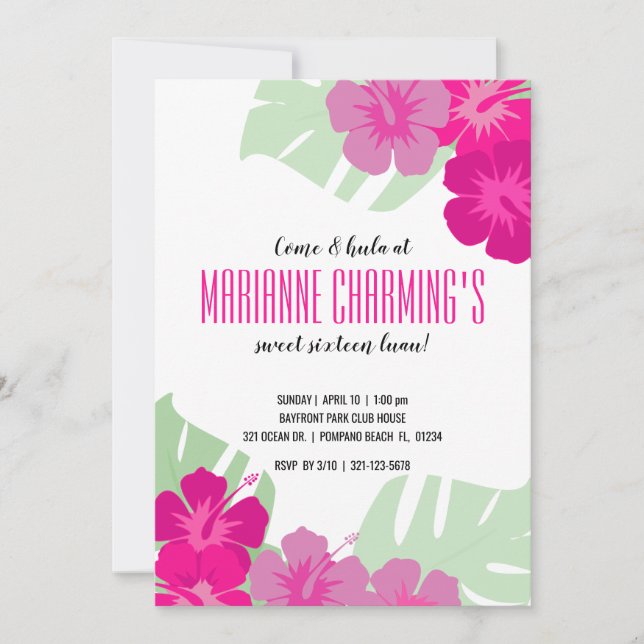 Invitation SWEET 16 JEUDI FÉRIÉ tropical LUAU rose floral (Devant)