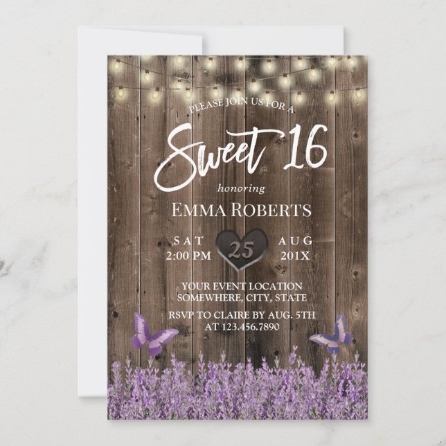 Invitation Sweet 16 Lavande Rustique Bois de classe Florale (Devant)