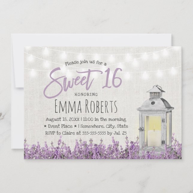 Invitation Sweet 16 Lavande Rustique Lanterne Blanche Florale (Devant)