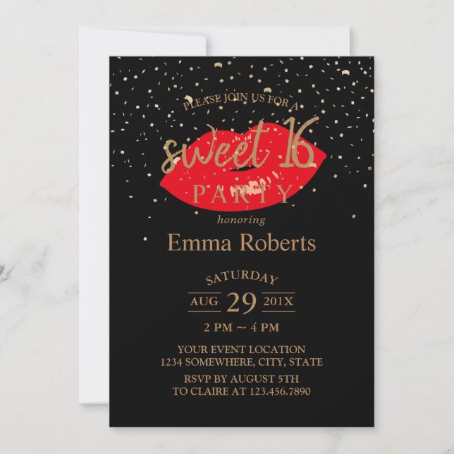 Invitation Sweet 16 Lèvres rouges Moderne Gold Confetti Anniv (Devant)