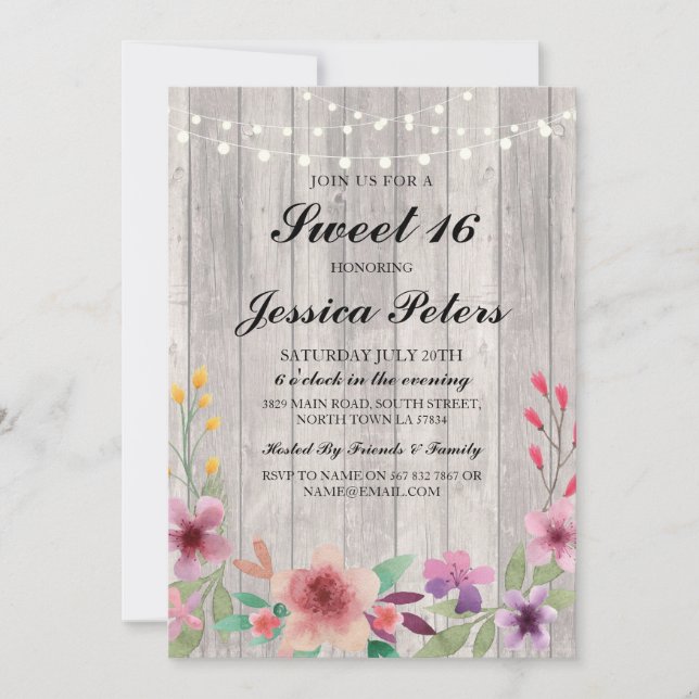 Invitation Sweet 16 Lumières d'anniversaire Bois rustique Inv (Devant)