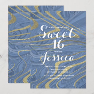 Invitation Sweet 16 Marbre Quince Liquide Bleu Faux Or