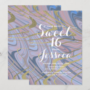 Invitation Sweet 16 Marbre Quince Liquide Bleu Rose