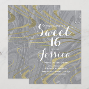 Invitation Sweet 16   Marbre Quince Liquide Gris Faux Or