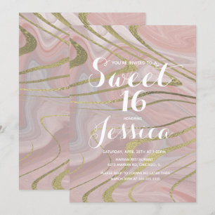 Invitation Sweet 16 Marbre Quince Liquide Rose Faux Or