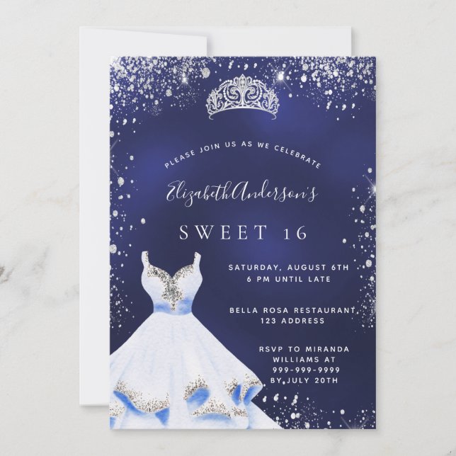 Invitation Sweet 16 marine bleu argent robe de parties scinti (Devant)