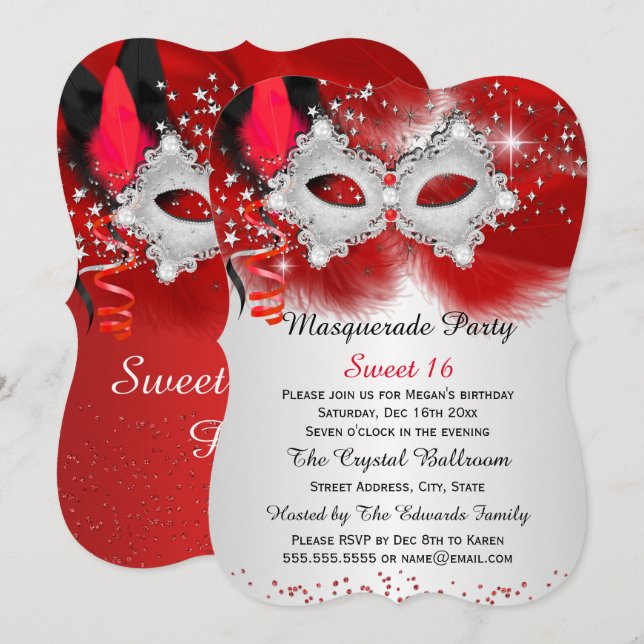 Invitation Sweet 16 Masque de dentelle Rouge Argent Masquerad (Devant / Derrière)