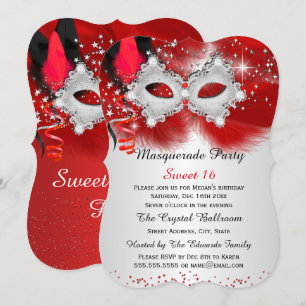 Invitation Sweet 16 Masque de dentelle Rouge Argent Masquerad