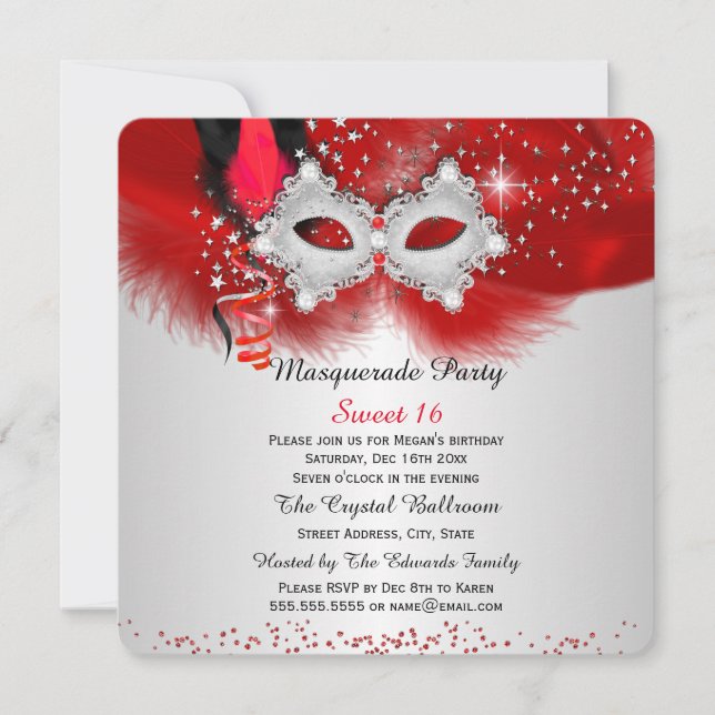 Invitation Sweet 16 Masque de dentelle Rouge Argent Masquerad (Devant)