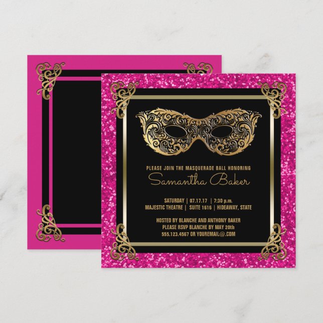Invitation Sweet 16 Masquerade Ball Sweet sixteen Or rose (Devant / Derrière)