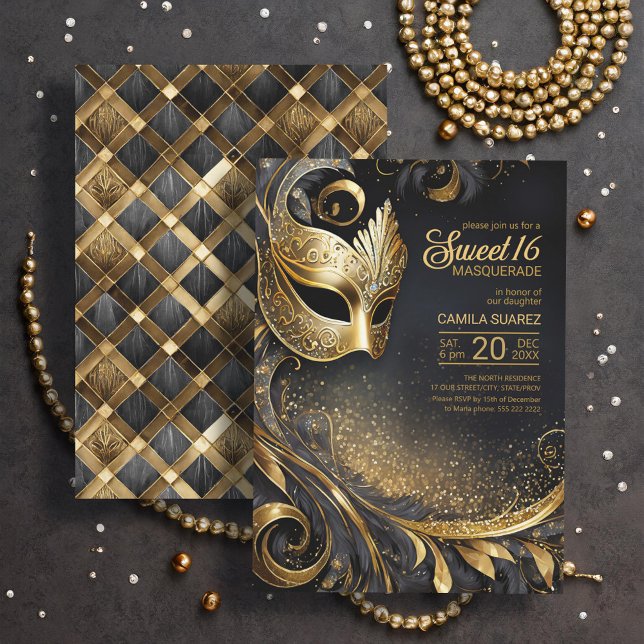 Invitation Sweet 16 Masquerade Black Gold ID1032 (Créateur téléchargé)