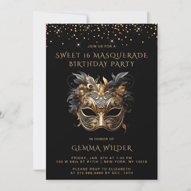 Invitation Sweet 16 Masquerade fête d'anniversaire Black Gold (Devant)