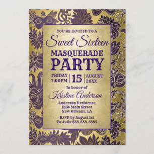 Invitation Sweet 16 Masquerade Party Purple Gold Mask