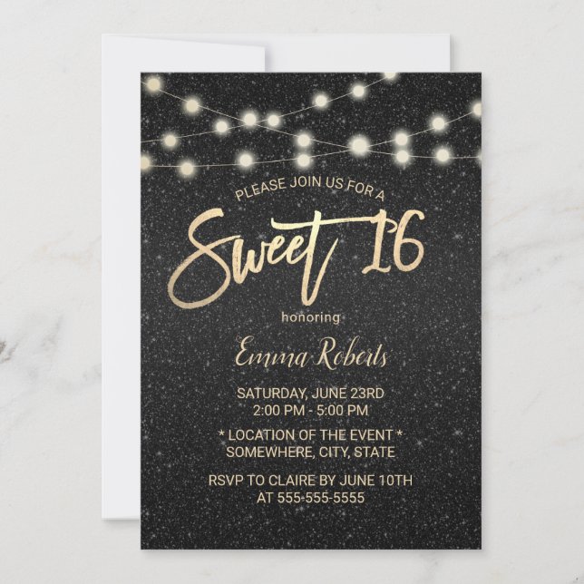 Invitation Sweet 16 Moderne Black Faux Parties scintillant Ty (Devant)