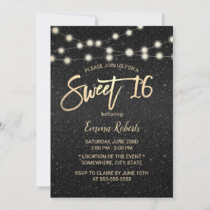 Invitation Sweet 16 Moderne Black Faux Parties scintillant Ty