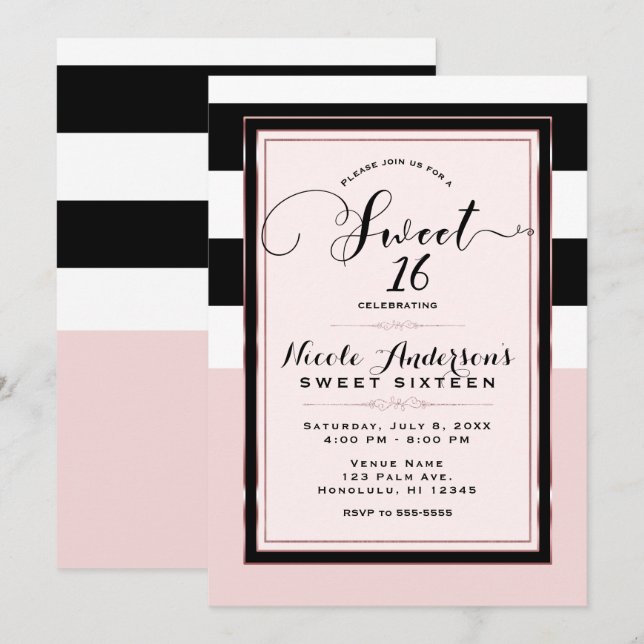 Invitation Sweet 16 Moderne Rose Black & White Stripes Party (Devant / Derrière)