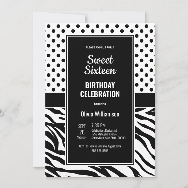 Invitation Sweet 16 Noir et Blanc fête d'anniversaire (Devant)