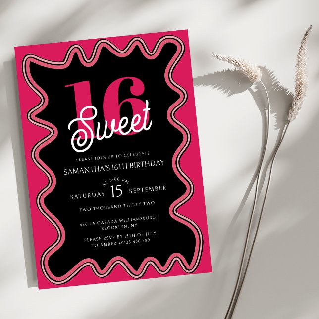 Invitation Sweet 16 Noir et rose Retro Wavy Seizième (Créateur téléchargé)