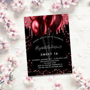 Invitation Sweet 16 noir parties scintillant rouge ballon fêt