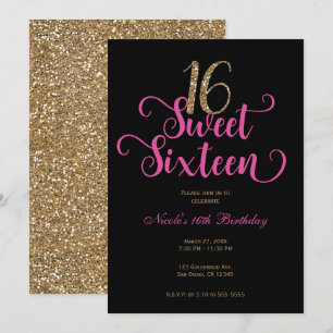 Invitation Sweet 16 Noir Rose Gold Paillettes Anniversaire