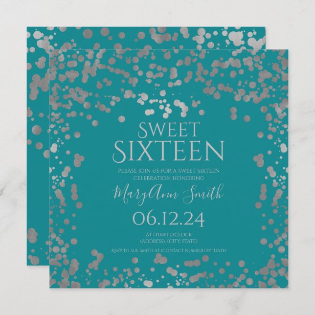 Invitation Sweet 16 pailletée argentée Girly Teal  (Devant / Derrière)