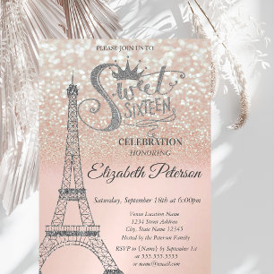 Invitation Sweet 16 Paillettes Bokeh Ombré, Tour Eiffel Sweet