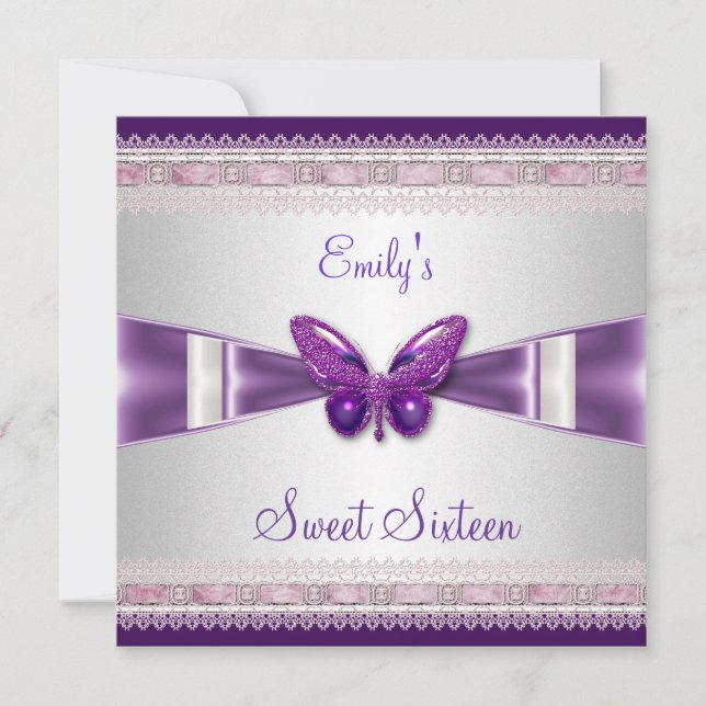 Invitation Sweet 16 Papillon blanc pourpre (Devant)