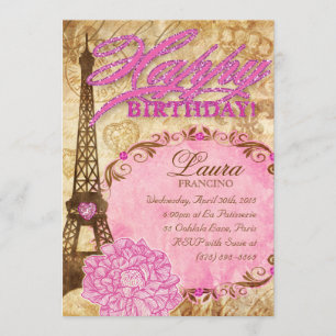 Invitation Sweet 16 Paris Tour Eiffel Rose Vintage Fleur